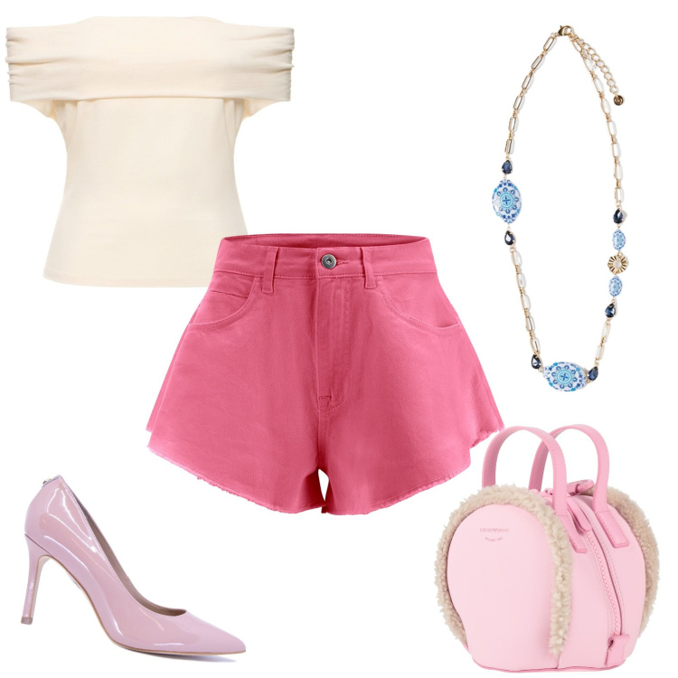 Outfit donna - Total look #1845312. Stile Glamour per Serata fuori. Abbinamento con zaini, shorts, top, ciondoli, décolleté.