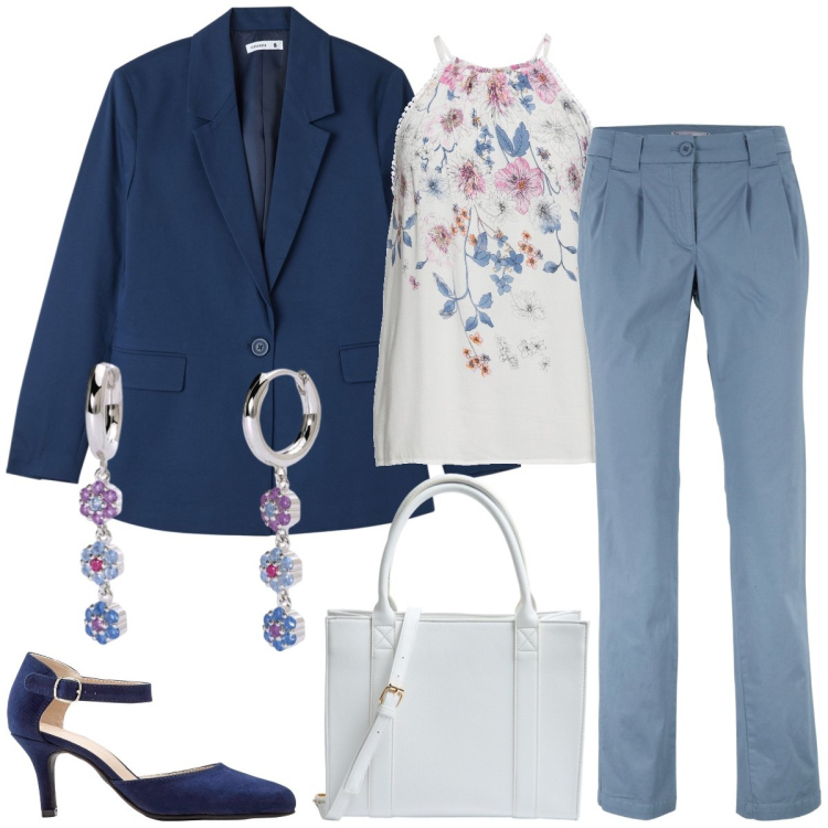 Outfit donna - Ufficio. Stile Chic per Ufficio. Abbinamento con pantaloni chino, décolleté, top, blazer, shopping bag, orecchini.