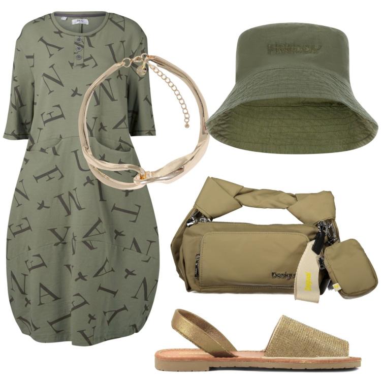 Outfit donna - Al sole. Stile Casual per Tutti i giorni. Abbinamento con vestiti midi/longuette, cappelli, collane, sandali in pelle, borse a spalla.