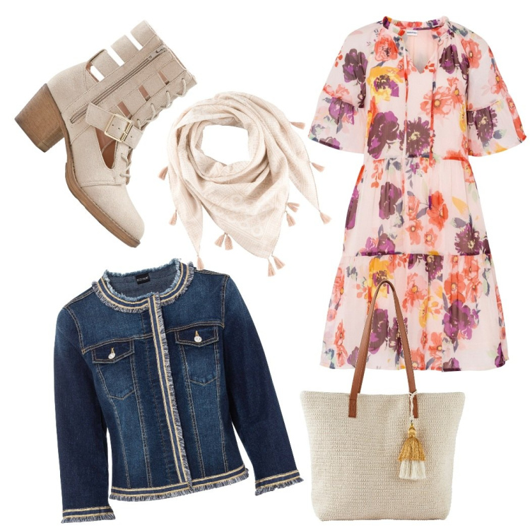 Outfit donna - Abito a fiori. Stile Casual chic per Ufficio. Abbinamento con blazer, stivaletti, vestiti, shopping bag, foulard.