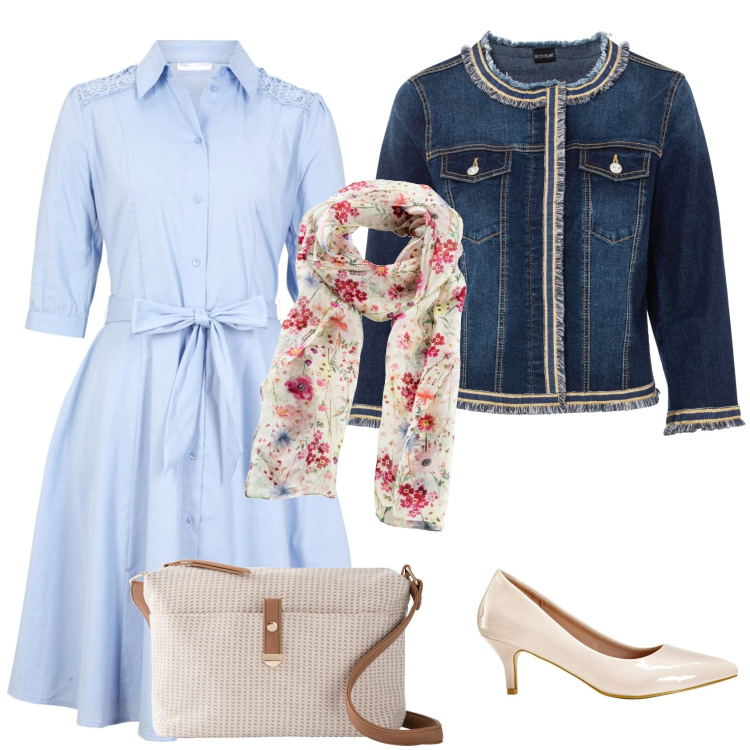 Outfit donna - Bon ton con il giubbino in jeans. Stile Bon Ton per Tutti i giorni. Abbinamento con blazer, foulard, vestiti chemisier, borse a tracolla, décolleté.