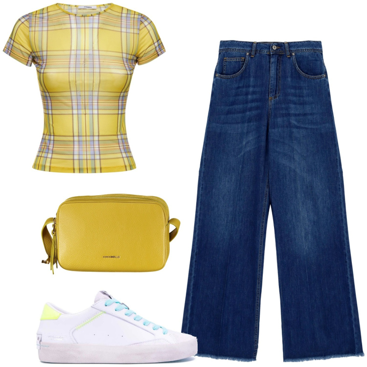 Outfit donna - Fantasia a quadretti. Stile Preppy per Tutti i giorni. Abbinamento con jeans, t-shirt, sneakers, borse a tracolla.