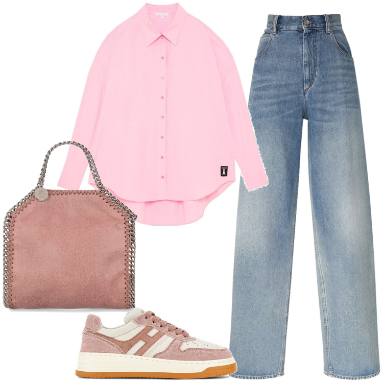 Outfit donna - La primavera. Stile Trendy per Tutti i giorni. Abbinamento con pantaloni, borse a mano, sneakers, camicie.