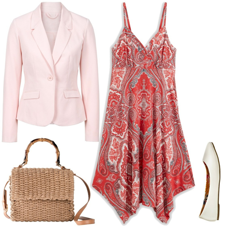 Outfit donna - Abito lungo con giacca. Stile Glamour per Tutti i giorni. Abbinamento con blazer, ballerine, vestiti, borse a mano.