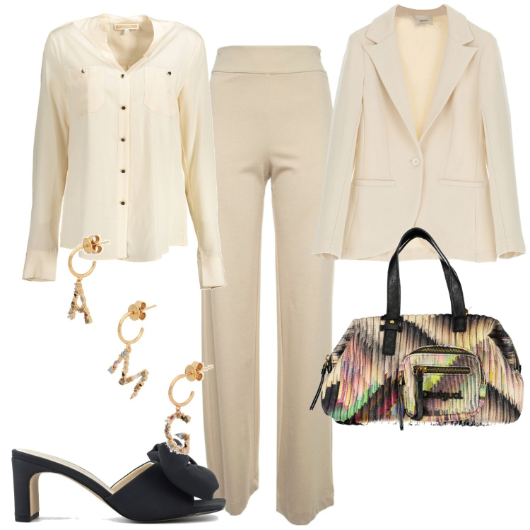 Outfit donna - City. Stile Chic per Tutti i giorni. Abbinamento con orecchini, blazer, sandali col tacco, camicie, pantaloni, collane.