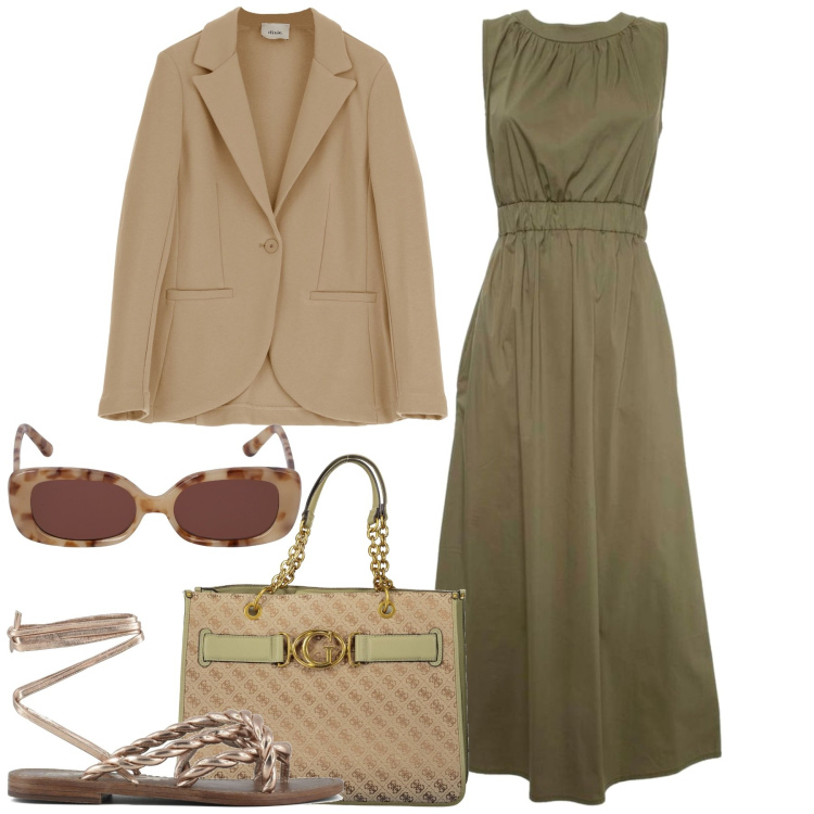 Outfit donna - City. Stile Minimal per Tutti i giorni. Abbinamento con blazer, sandali, vestiti lunghi, occhiali da sole, borse a spalla.