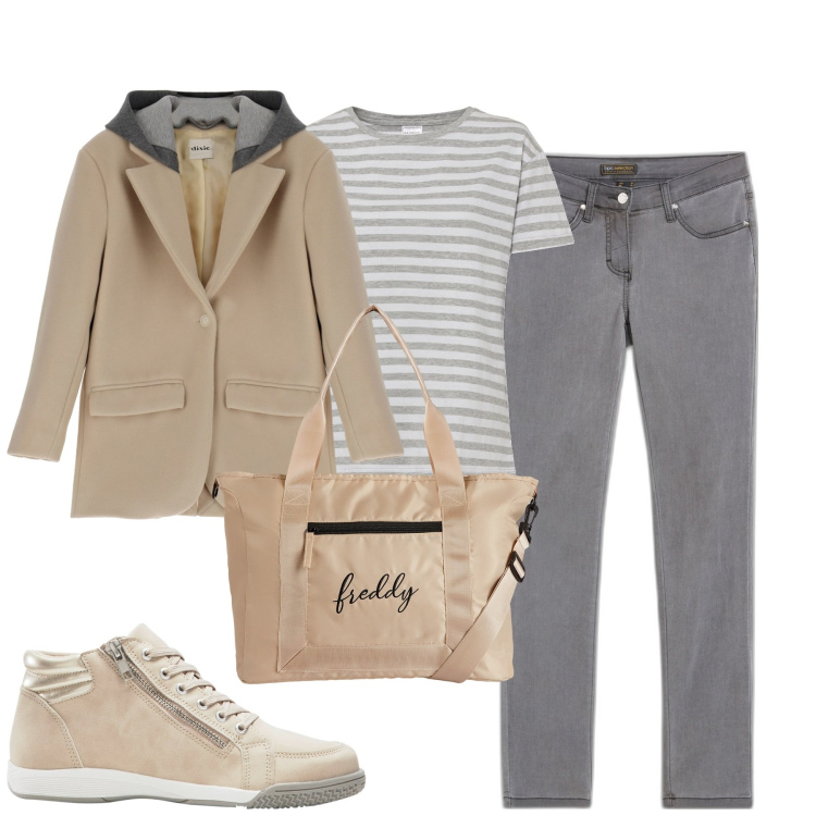 Outfit donna - City. Stile Casual per Tutti i giorni. Abbinamento con jeans slim fit, maglieria, sneakers alte, borse tote, cappotti.
