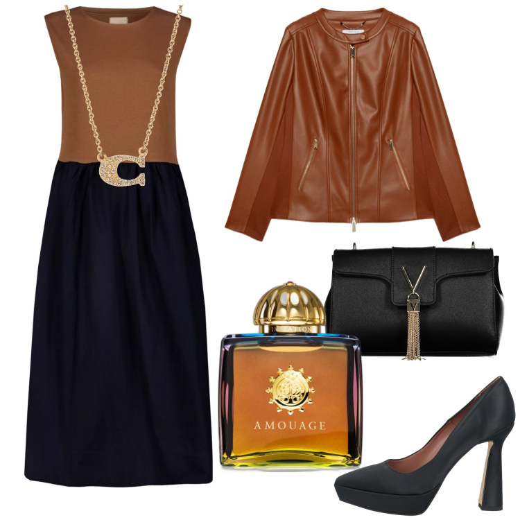 Outfit donna - Sabato sera. Stile Glamour per Serata fuori. Abbinamento con décolleté, collane, profumi, vestiti midi/longuette, blazer, borse a tracolla.