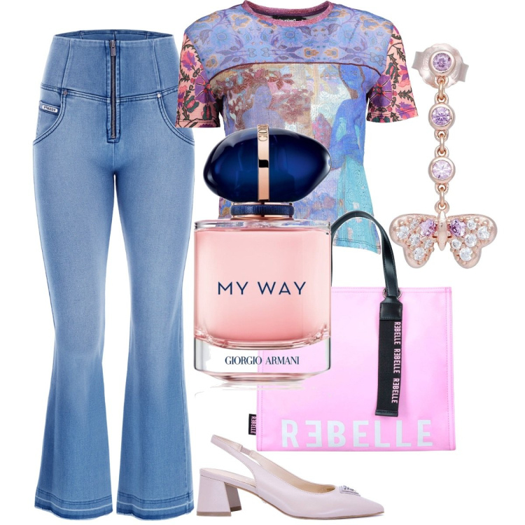Outfit donna - Bantoa - mid season sale. Stile Sporty chic per Tutti i giorni. Abbinamento con orecchini, profumi, jeans a zampa, décolleté, t-shirt, shopping bag.