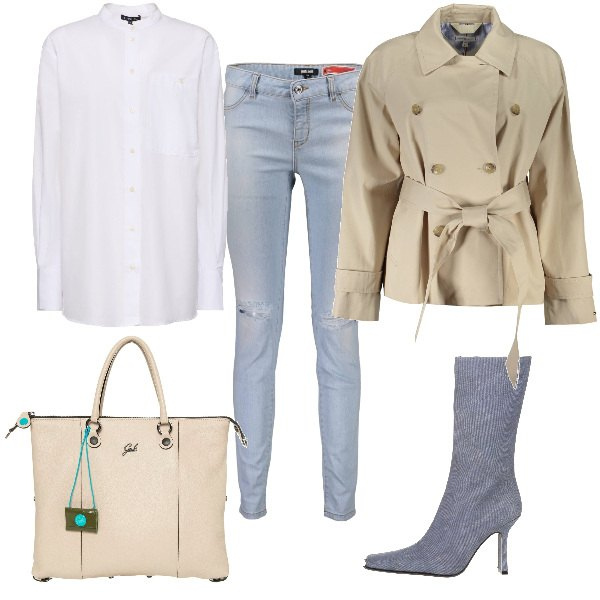 Outfit donna - Total look #1845431. Stile Casual chic per Tutti i giorni. Abbinamento con stivali, blazer, shopping bag, jeans strappati, camicie.
