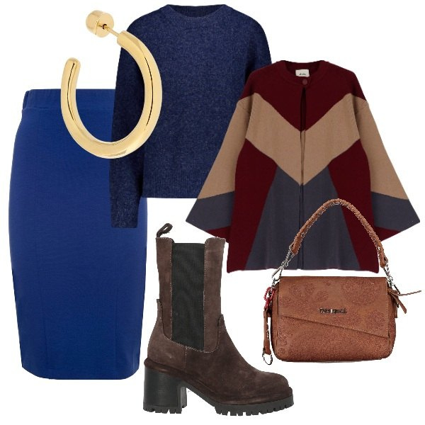 Outfit donna - Mid Season Sale. Stile Bon Ton per Ufficio. Abbinamento con stivaletti chelsea, cappotti, maglieria, borse a spalla, orecchini, gonne.