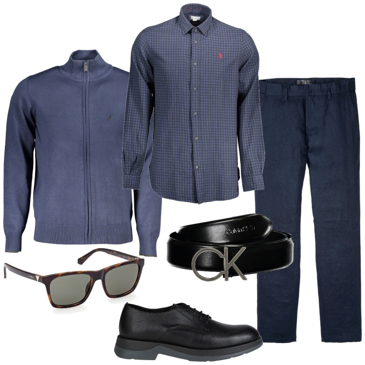 Outfit uomo - In blue. Stile Business/Elegante per Ufficio. Abbinamento con pantaloni, scarpe stringate, occhiali da sole, cardigans, camicie, cinture.