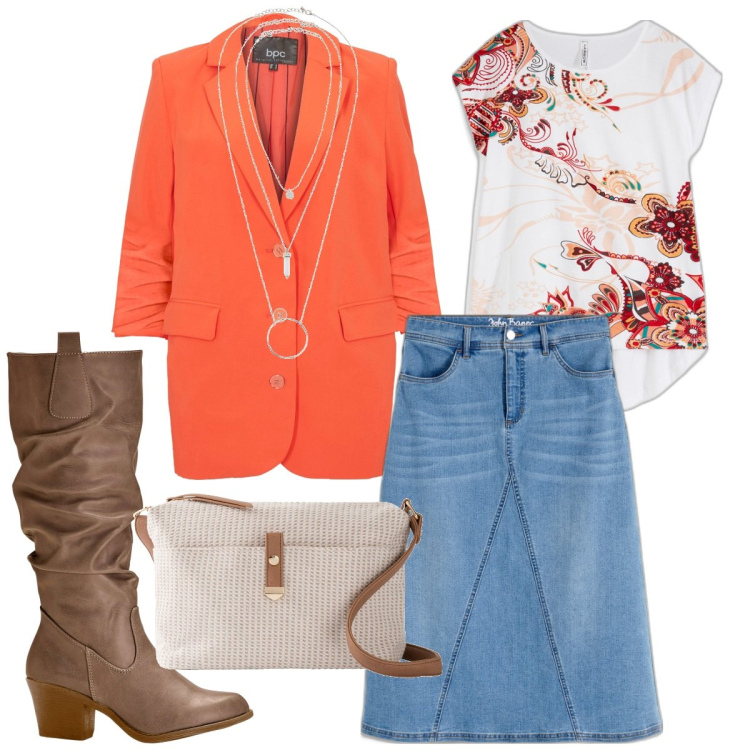 Outfit donna - Pasqua in gonna jeans. Stile Etnico per Tutti i giorni. Abbinamento con gonne, stivali, ciondoli, borse a tracolla, blazer, maglieria.