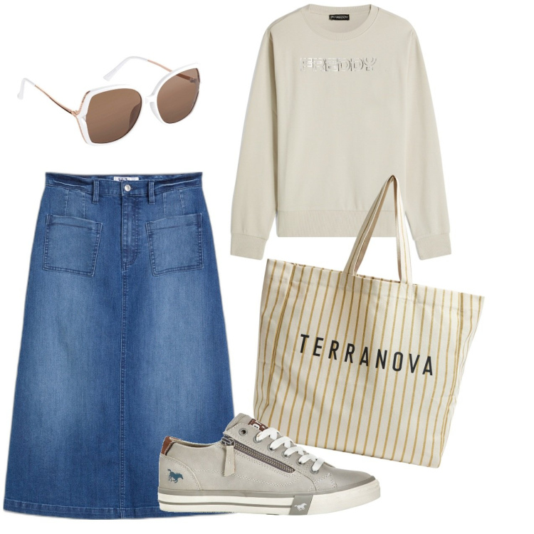 Outfit donna - Basic in gonna. Stile Basic per Tutti i giorni. Abbinamento con gonne longuette, sneakers, occhiali da sole, borse tote, felpe.