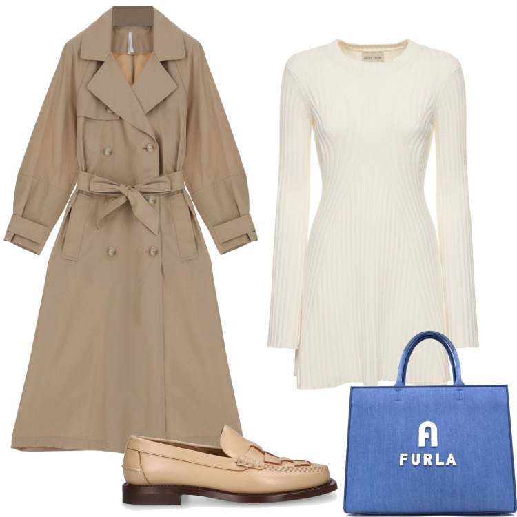Outfit donna - Trench beige. Stile Trendy per Tutti i giorni. Abbinamento con trench, vestiti, mocassini, shopping bag.