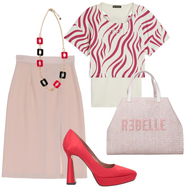 Outfit donna - Rosso. Stile Chic per Tutti i giorni. Abbinamento con décolleté, gonne longuette, canottiere, shopping bag, ciondoli.