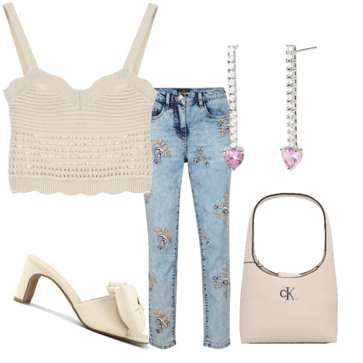 Outfit donna - Pensiero d\'estate. Stile Casual per Tutti i giorni. Abbinamento con jeans, top, orecchini, sandali col tacco, borse a spalla.