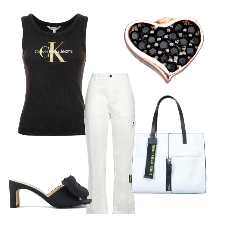 Outfit donna - Bianco e nero per l\'estate. Stile Casual per Tutti i giorni. Abbinamento con pantaloni, orecchini, sandali col tacco, canottiere, borse a tracolla.
