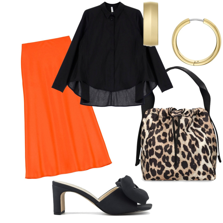 Outfit donna - Eleganza fluo. Stile Chic per Serata fuori. Abbinamento con orecchini, camicie, gonne longuette, sandali col tacco, borse a mano.