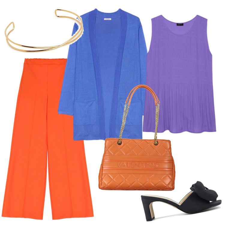 Outfit donna - Colori vivaci. Stile Glamour per Serata fuori. Abbinamento con collane, pantaloni a palazzo, sandali col tacco, cardigans, top, borse a spalla.