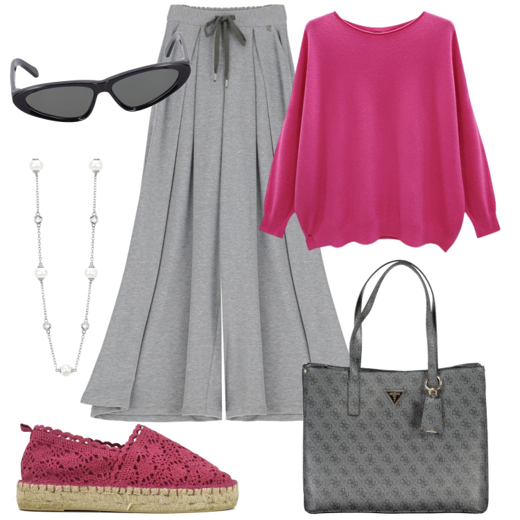 Outfit donna - Bantoa. Stile Casual chic per Tutti i giorni. Abbinamento con collane, pantaloni a palazzo, espadrillas, maglieria, borse a spalla, occhiali da sole.