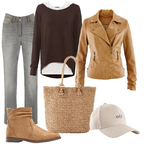 Outfit donna - Total look #1845542. Stile Mannish per Tutti i giorni. Abbinamento con cappelli con visiera, top, jeans dritti, blazer, stivaletti, shopping bag.