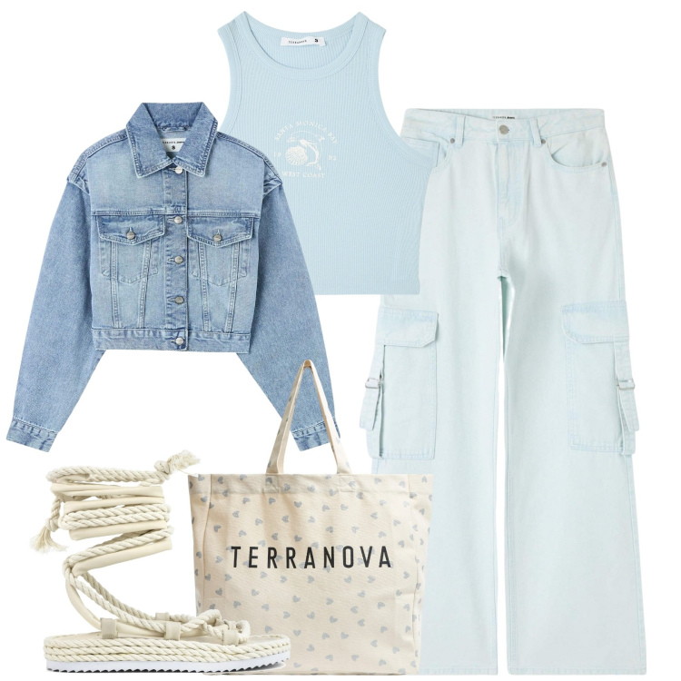 Outfit donna - City. Stile Casual per Tutti i giorni. Abbinamento con jeans, blazer, canottiere, shopping bag, sandali.