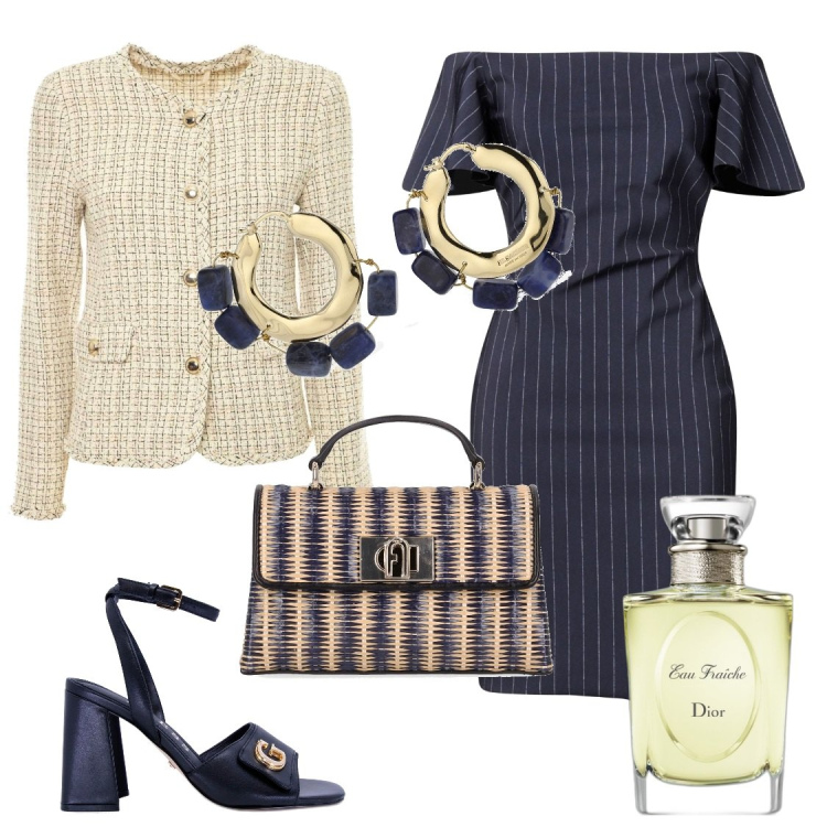 Outfit donna - Lo scollo a barca. Stile Chic per Cerimonia. Abbinamento con vestiti midi/longuette, profumi, blazer, sandali in pelle, borse a spalla, orecchini.