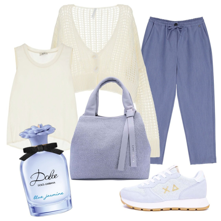 Outfit donna - City life. Stile Sporty chic per Tutti i giorni. Abbinamento con profumi, cardigans, pantaloni, top, sneakers, borse a mano.