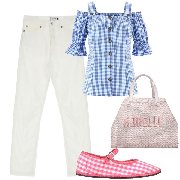 Outfit donna - Pasquetta al mare. Stile Romantica per Mare. Abbinamento con camicie a manica corta, ballerine, jeans, shopping bag.