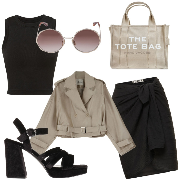 Outfit donna - Saldi. Stile Casual chic per Tutti i giorni. Abbinamento con sandali col tacco, blazer, minigonne, shopping bag, canottiere, occhiali da sole.