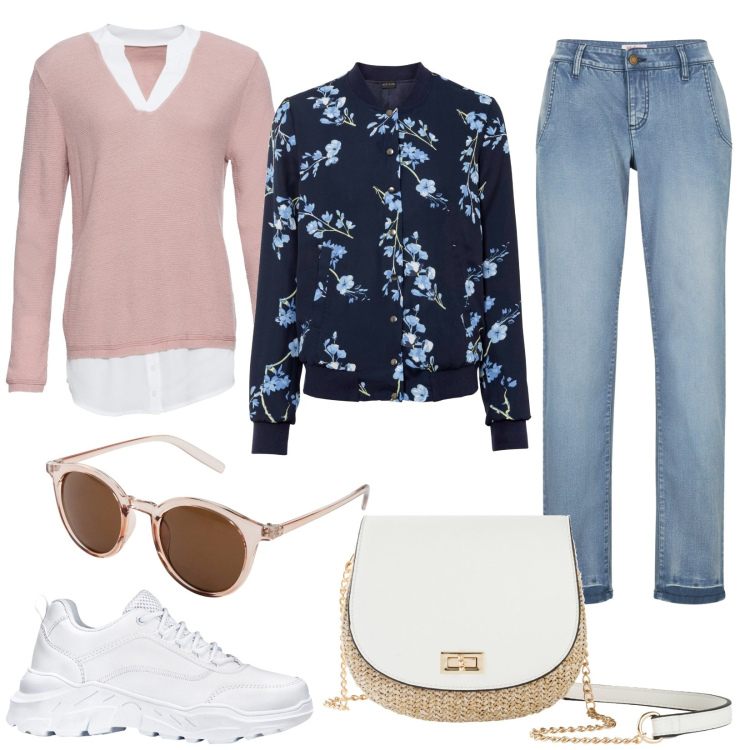 Outfit donna - Happy easter Bonprix. Stile Basic per Tutti i giorni. Abbinamento con bomber, sneakers, borse a tracolla, occhiali da sole, maglieria, jeans.