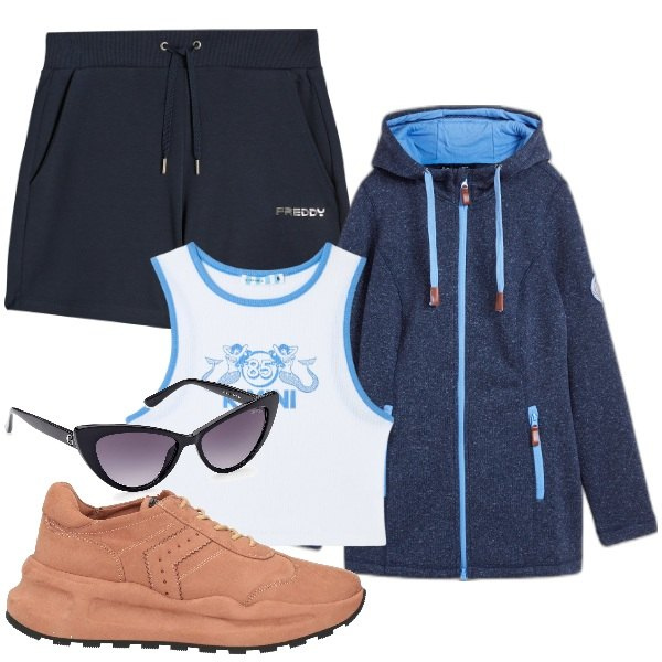 Outfit donna - Pasquetta in montagna. Stile Sporty chic per Sport. Abbinamento con blazer, sneakers, canottiere, pantaloni corti, occhiali da sole.