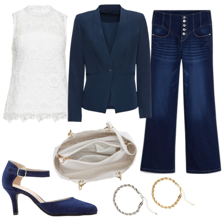 Outfit donna - Happy easter Bonprix. Stile Casual chic per Serata fuori. Abbinamento con blazer, décolleté, top, jeans a zampa, borse a mano, braccialetti.