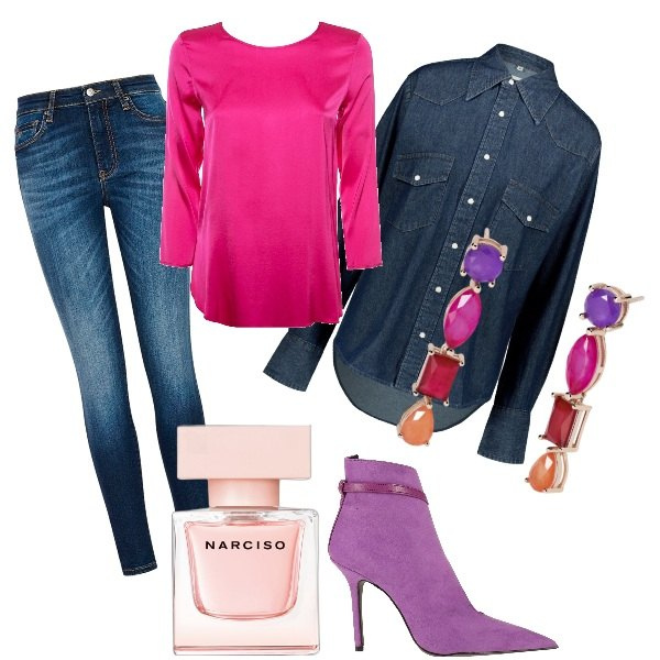Outfit donna - Total look #1845602. Stile Casual chic per Tutti i giorni. Abbinamento con stivaletti, profumi, orecchini, bluse, camicie, jeans skinny.