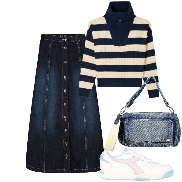 Outfit donna - pasquetta in città d\'arte. Stile Casual chic per Tutti i giorni. Abbinamento con gonne longuette, sneakers, maglieria, borse a spalla.