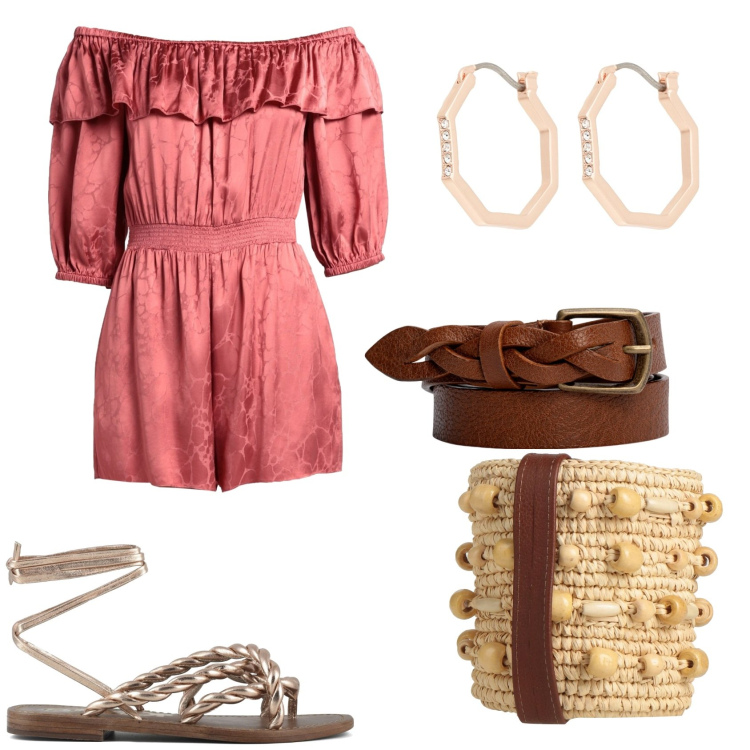 Outfit donna - Tutina per il pomeriggio. Stile Casual per Tutti i giorni. Abbinamento con orecchini, borse a spalla, tute, sandali, cinture.