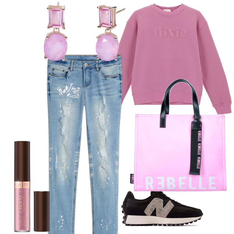 Outfit donna - Sportiva con classe. Stile Casual chic per Tutti i giorni. Abbinamento con jeans strappati, ombretti, orecchini, felpe, sneakers, shopping bag.