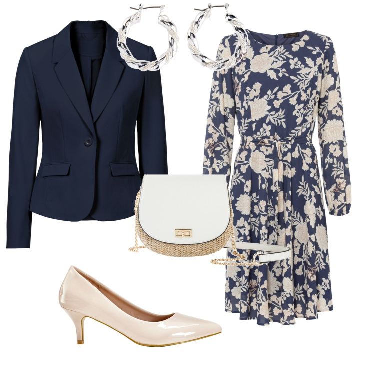 Outfit donna - Chic. Stile Chic per Tutti i giorni. Abbinamento con blazer, orecchini, vestiti, décolleté, borse a tracolla.