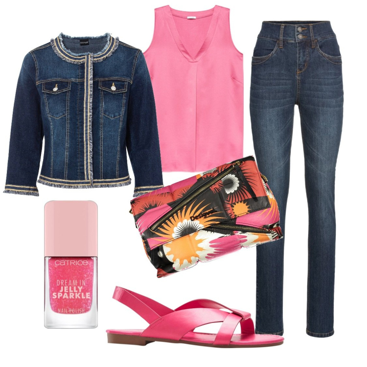 Outfit donna - Jeans a vita alta che slancia. Stile Casual chic per Tutti i giorni. Abbinamento con blazer, jeans slim fit, sandali, smalti, top, borse a spalla.