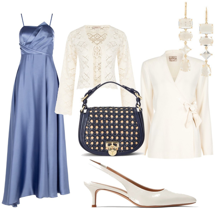 Outfit donna - Deliziosa damigella. Stile Romantica per Cerimonia. Abbinamento con décolleté, borse a tracolla, orecchini, vestiti lunghi, cardigans, blazer.