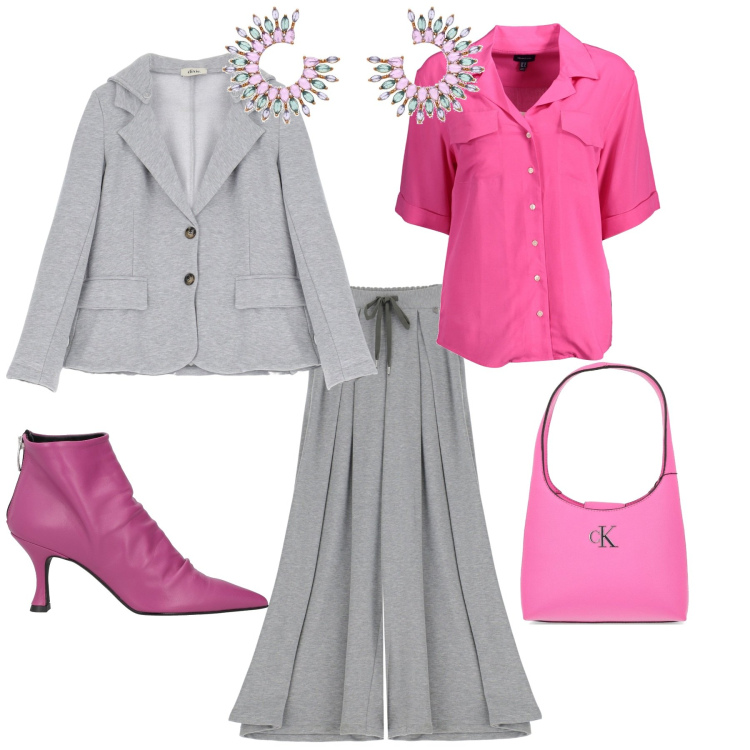 Outfit donna - Basic glam. Stile Basic per Cerimonia. Abbinamento con stivaletti, orecchini, pantaloni a palazzo, blazer, camicie a manica corta, borse a spalla.