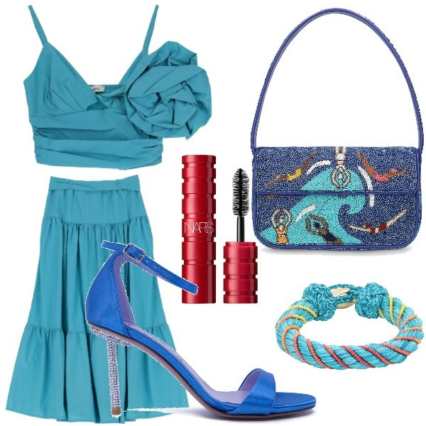 Outfit donna - saldi Bantoa. Stile Etnico per Tutti i giorni. Abbinamento con braccialetti, mascara, top, gonne lunghe, sandali in pelle, borse a spalla.