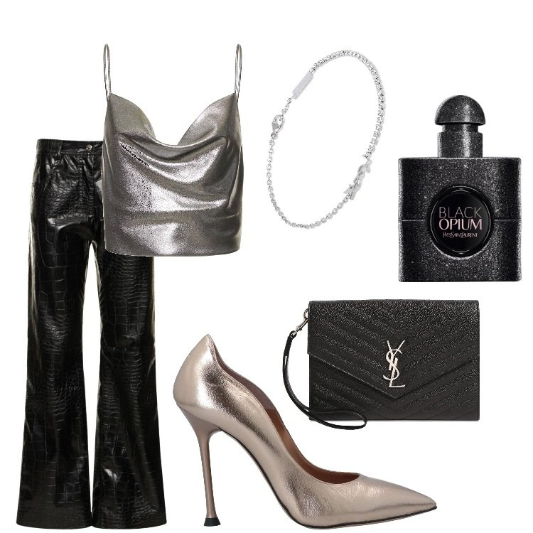 Outfit donna - ysl obsessed. Stile Glamour per Serata fuori. Abbinamento con décolleté, profumi, pochette, top, pantaloni, braccialetti.