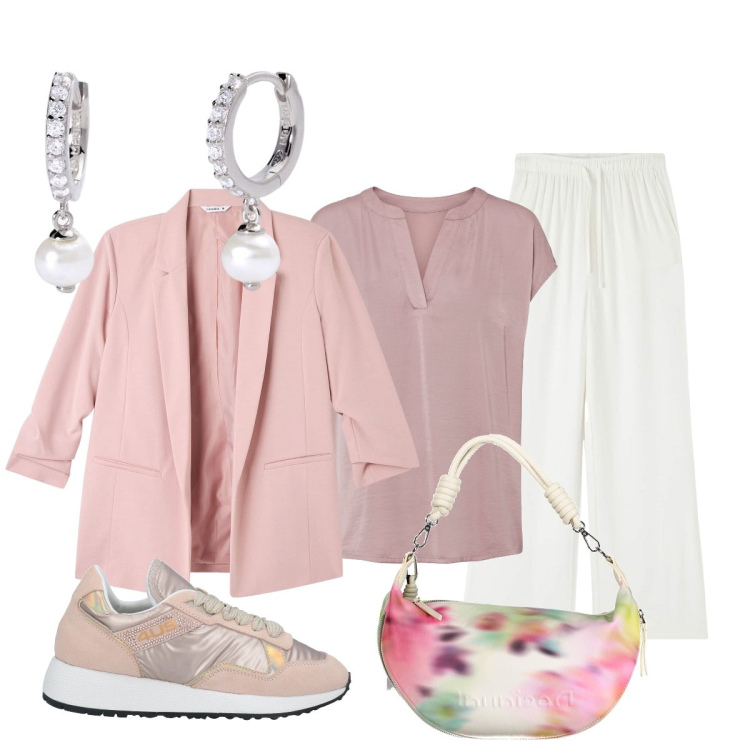 Outfit donna - La camicetta di seta rosa cipria. Stile Casual chic per Tutti i giorni. Abbinamento con camicie, sneakers, pantaloni, blazer, orecchini, borse a spalla.