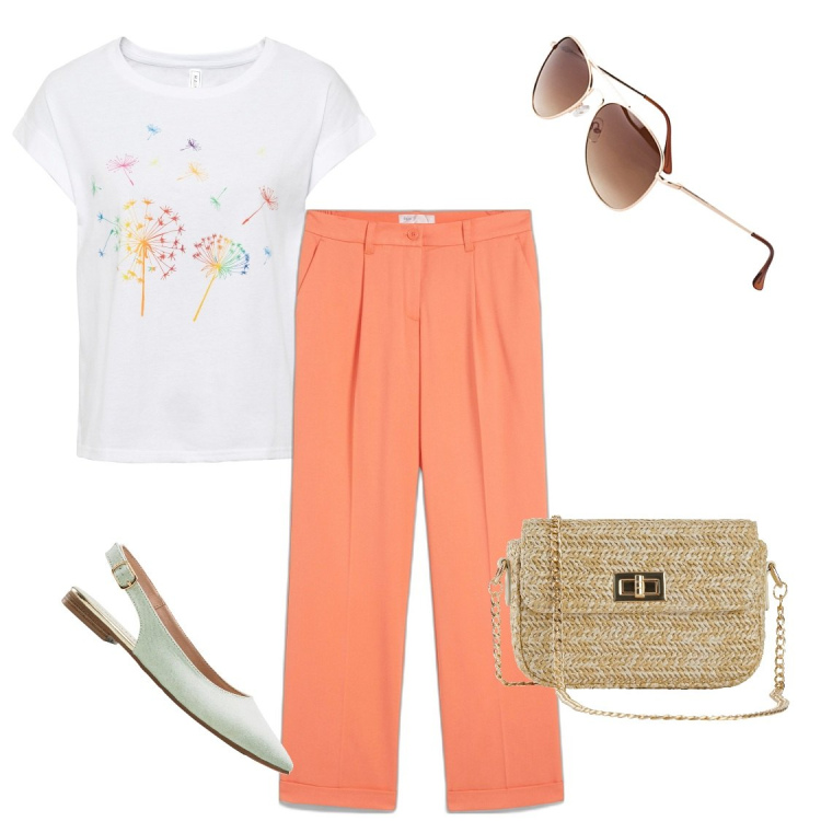 Outfit donna - Mi sento free. Stile Casual chic per Ufficio. Abbinamento con t-shirt, occhiali da sole, pantaloni, ballerine, borse a mano.