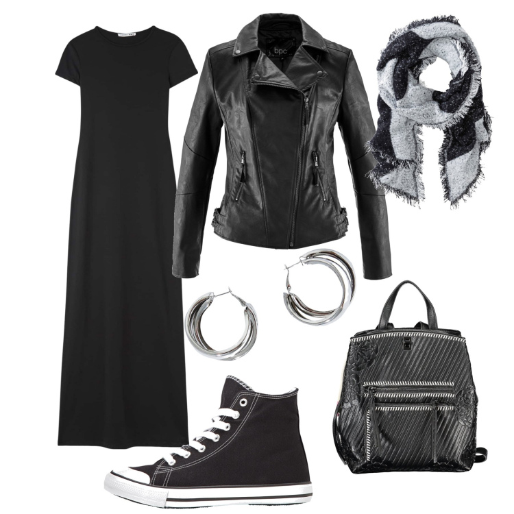 Outfit donna - Città comoda total black. Stile Minimal per Tutti i giorni. Abbinamento con blazer, sneakers alte, sciarpe, vestiti lunghi, orecchini, zaini.