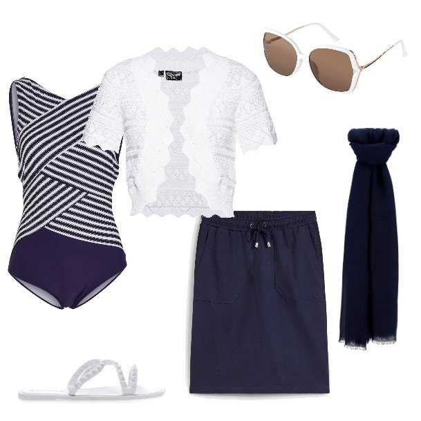 Outfit donna - Stile a bordo piscina per tute le tasche. Stile Sporty chic per Mare. Abbinamento con costumi interi, blazer, gonne, occhiali da sole, foulard, ciabatte.