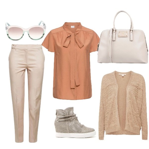 Outfit donna - Passi felpati color oro. Stile Urban per Ufficio. Abbinamento con camicetta con fiocco e scollo a maniche corte marrone, borsa a mano taglia media con zip interno foderato in pelle sintetica tinta unita, sneakers, cardigan marrone e grigio, pantalone rosa, occhiali da sole lenti sfumate effetto acetato.