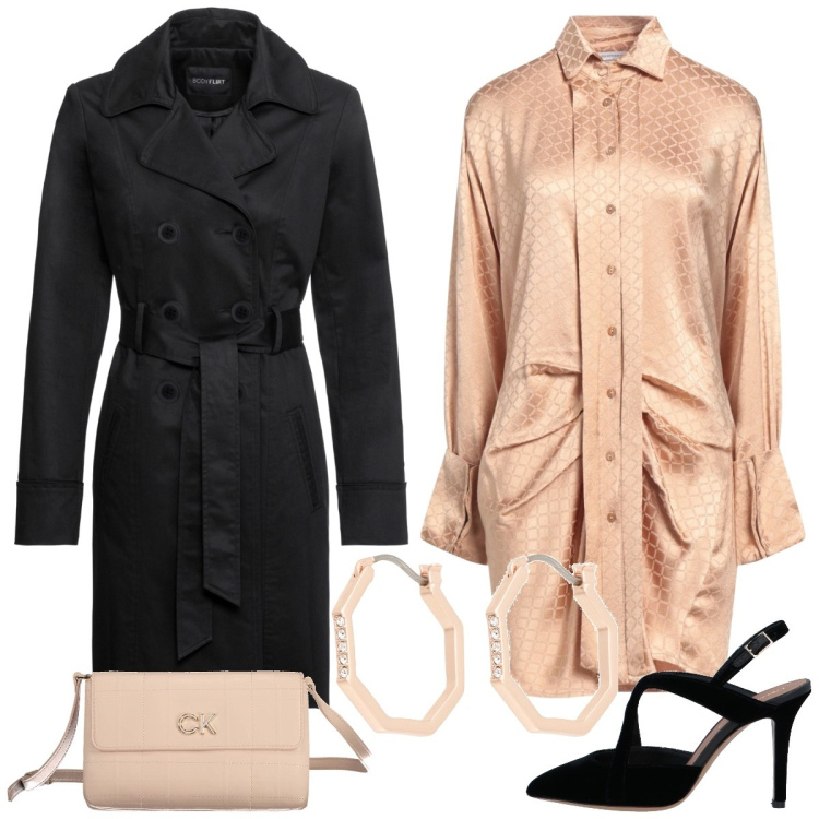 Outfit donna - Total look #1845790. Stile Chic per Serata fuori. Abbinamento con trench, vestiti corti, décolleté, orecchini, borse a tracolla.